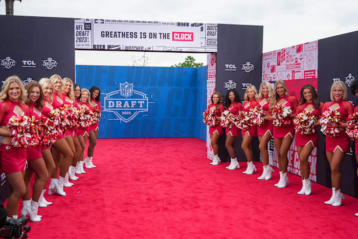 Kansas City Chiefs cheerleaders pose for a photo on the NFL Draft Red Carpet before the first round of the 2023 NFL Draft at Union Station.